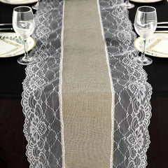 Faux Burlap Jute 16"x108" Table Runner Taupe With White Lace Edging - Rustic Farmhouse Table Linen