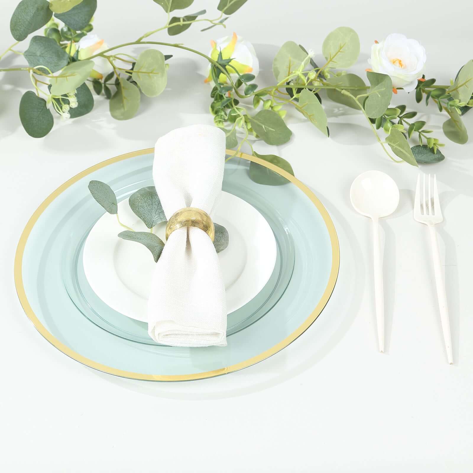 10-Pack Economy Plastic Round Charger Plates 12" in Transparent Blue with Wide Gold Rim, Decorative Dinner Party Serving Plates