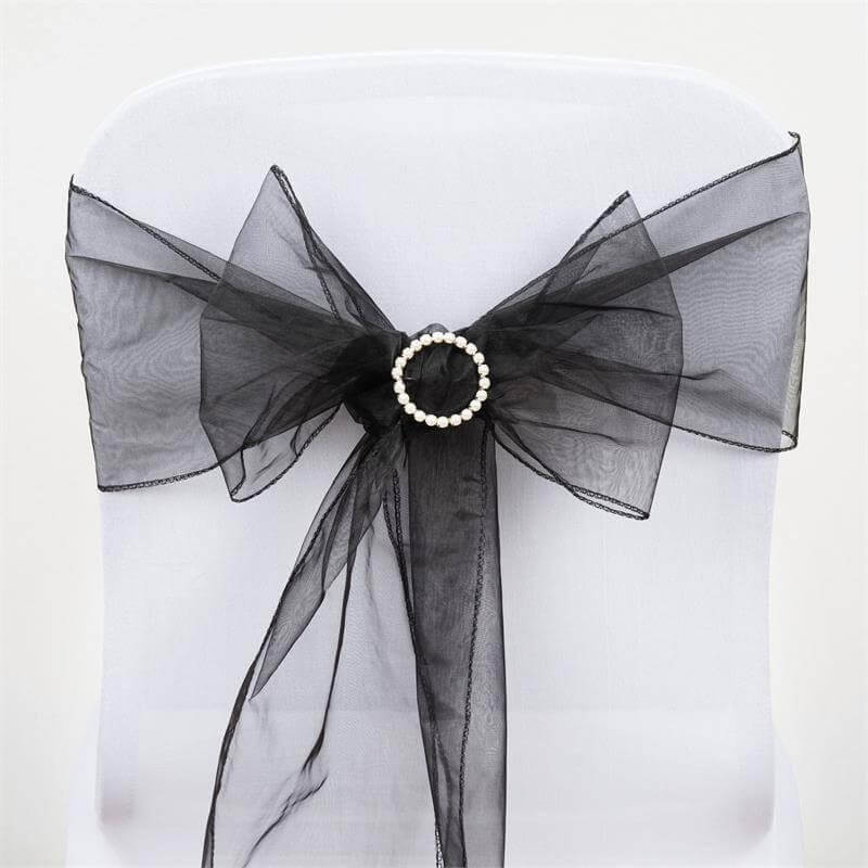 5 Pack Organza Chair Sashes Black - Timeless Reusable Sheer Chair Bows for Chic Events 6"x108"