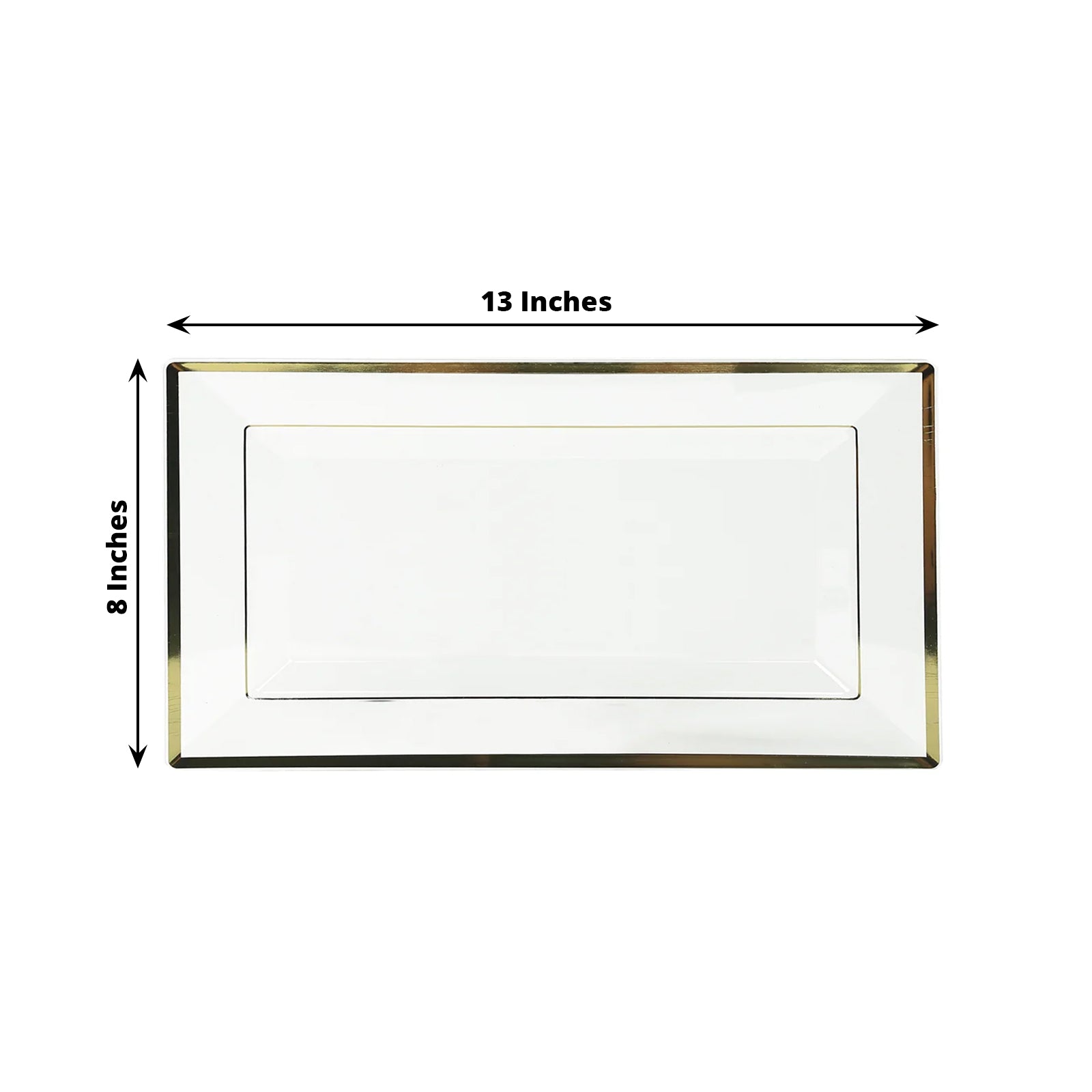 10-Pack Plastic 13"x8" Rectangle Serving Trays Clear with Gold Rim - Durable Reusable Sleek Design for Upscale Events & Parties
