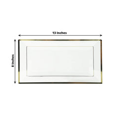 10-Pack Plastic 13"x8" Rectangle Serving Trays Clear with Gold Rim - Durable Reusable Sleek Design for Upscale Events & Parties