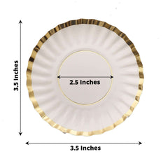 50-Pack Paper 3.5" Round Party Plates in White with Gold Scalloped Rim - Disposable Mini 250GSM Dessert Plates for Tapas, Appetizers & Finger Foods