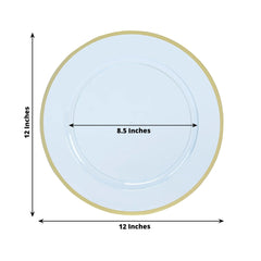 10-Pack Economy Plastic Round Charger Plates 12" in Transparent Dusty Blue with Wide Gold Rim, Decorative Dinner Party Serving Plates