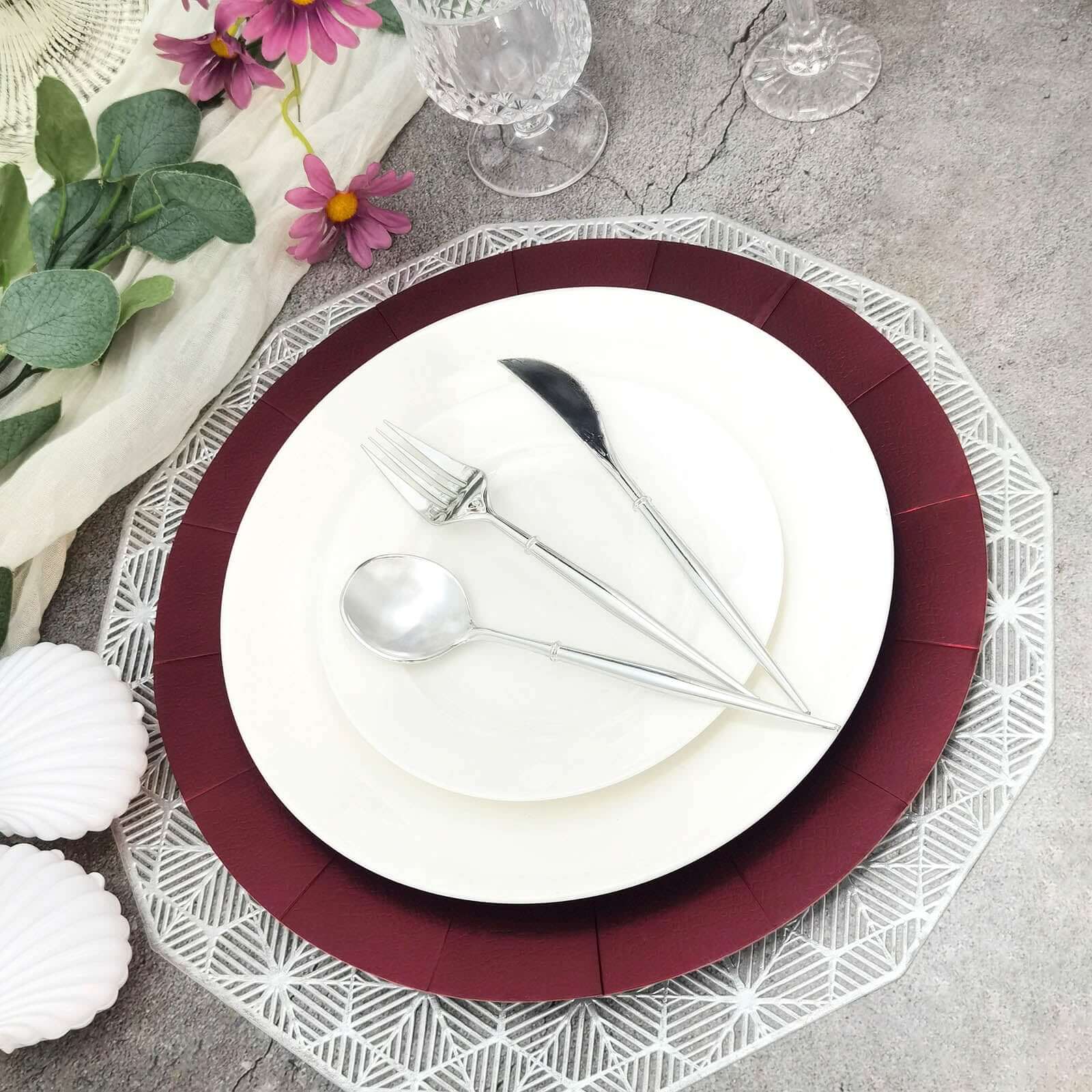 10-Pack Disposable Round Charger Plates in Burgundy with Leathery Texture - Durable 1100GSM Cardboard Placemats 13"