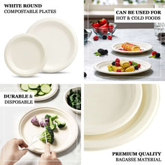 50-Pack Bagasse 7" Round Dessert Plates in White - Biodegradable Disposable Sugarcane Appetizer Salad Plates for Outdoor Celebrations & Picnics