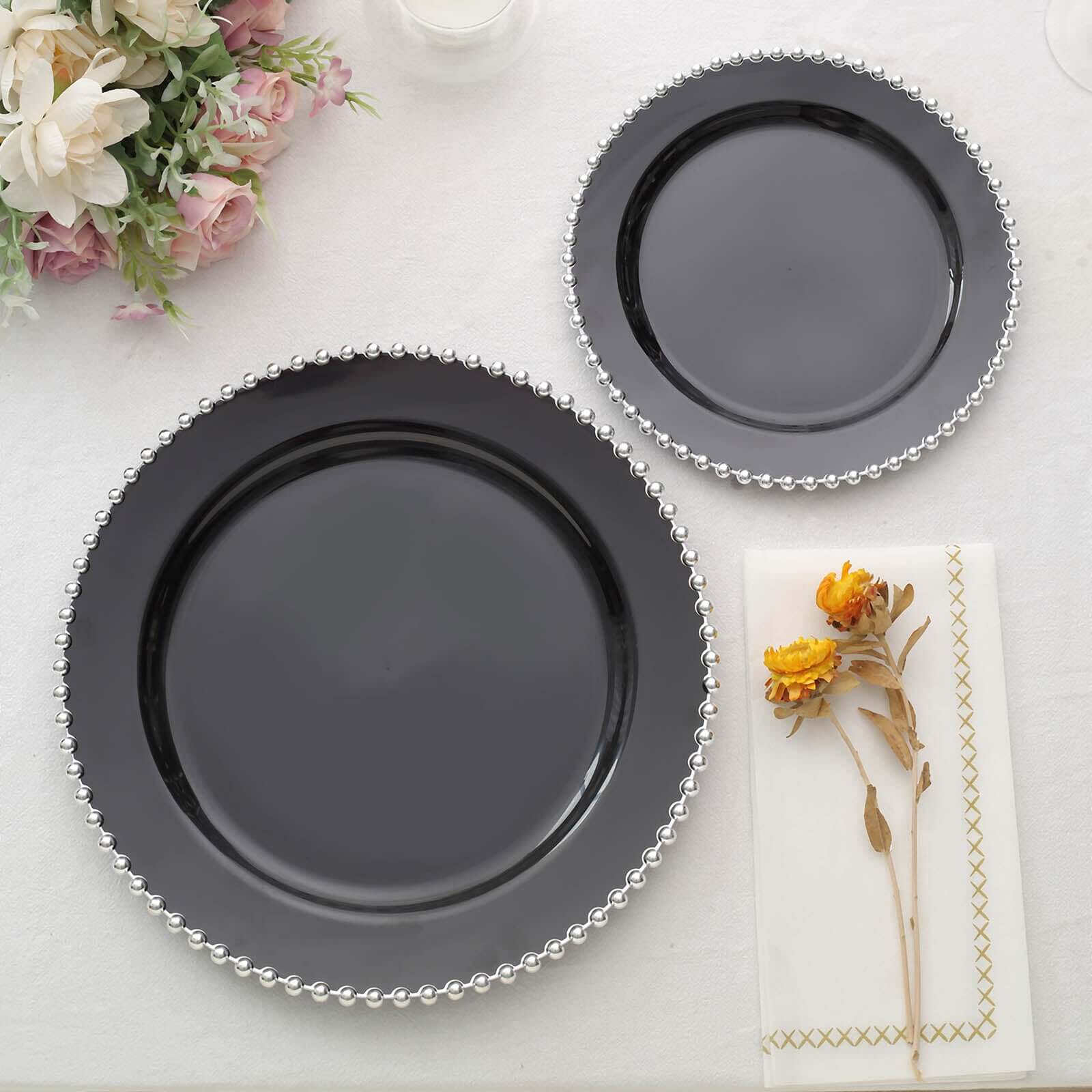 10-Pack Black Plastic Dessert Plates – 8" Round with Silver Beaded Rim, Disposable for Parties & Events