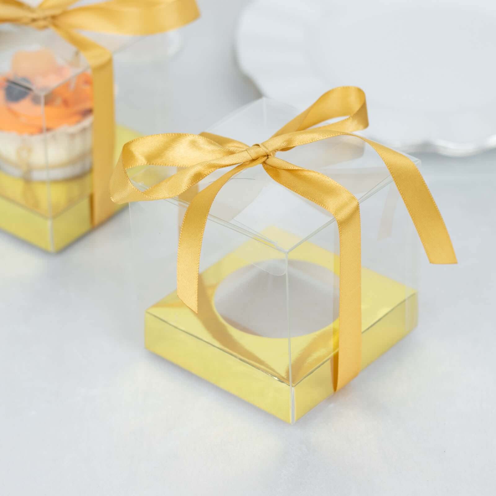 12 Pack 3.5" Clear Metallic Gold Disposable Cupcake Boxes With Ribbon Tie, Plastic Wedding Favor Boxes