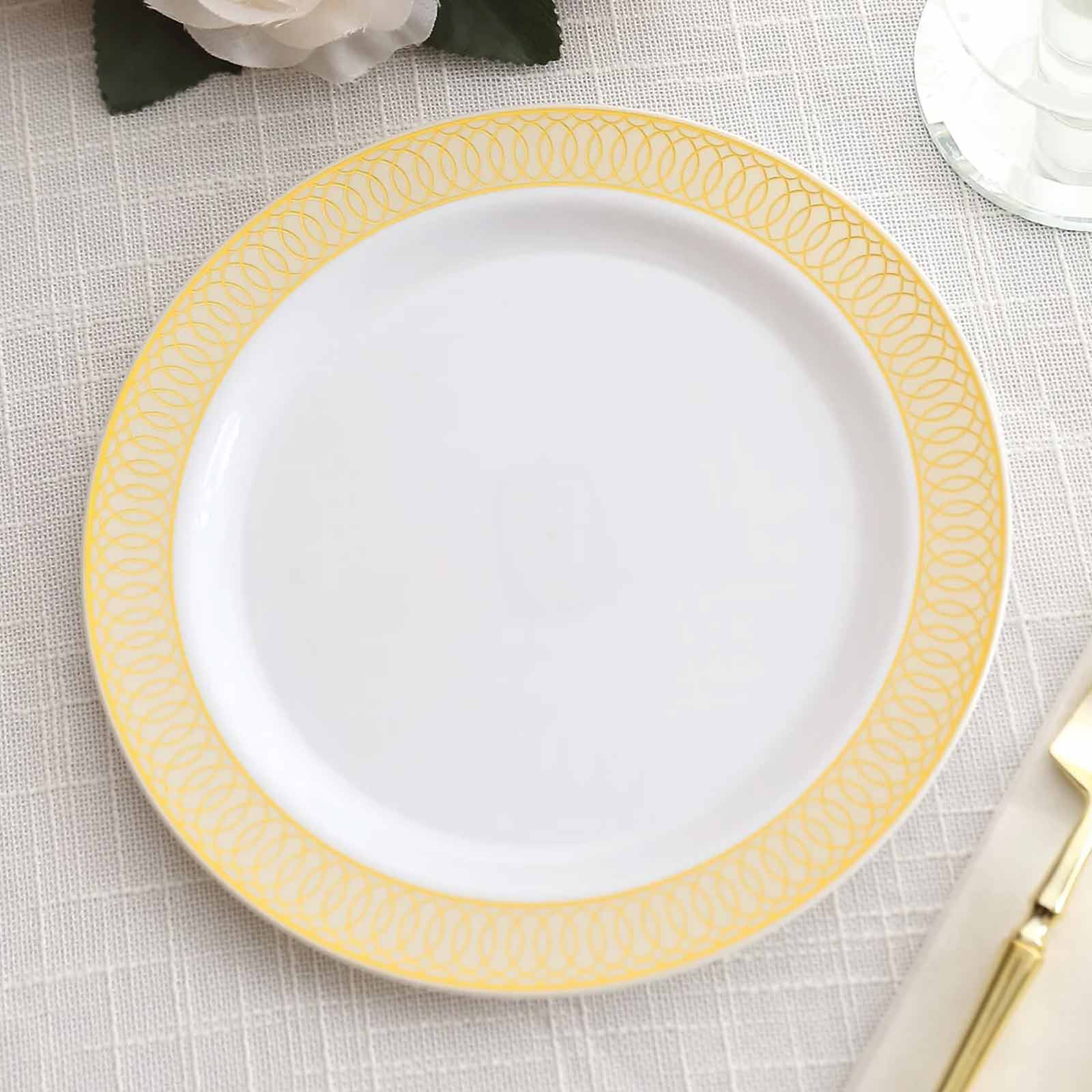 10-Pack Plastic Round Dessert Plates 7" White with Beige Gold Spiral Rim - Disposable Salad Plates