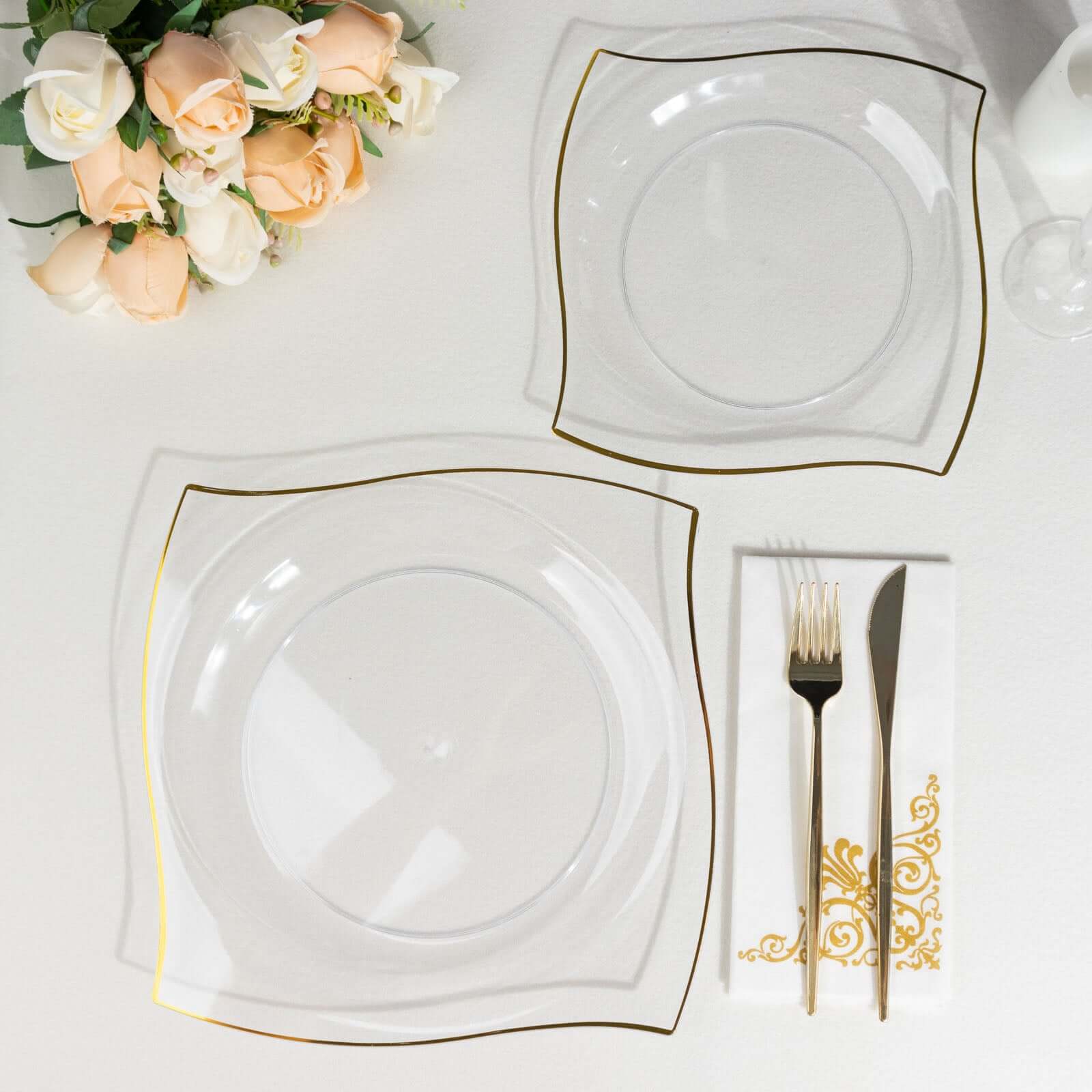 10-Pack Plastic 10" Square Dinner Plates in Clear with Gold Wavy Rim Modern - Disposable Party Plates