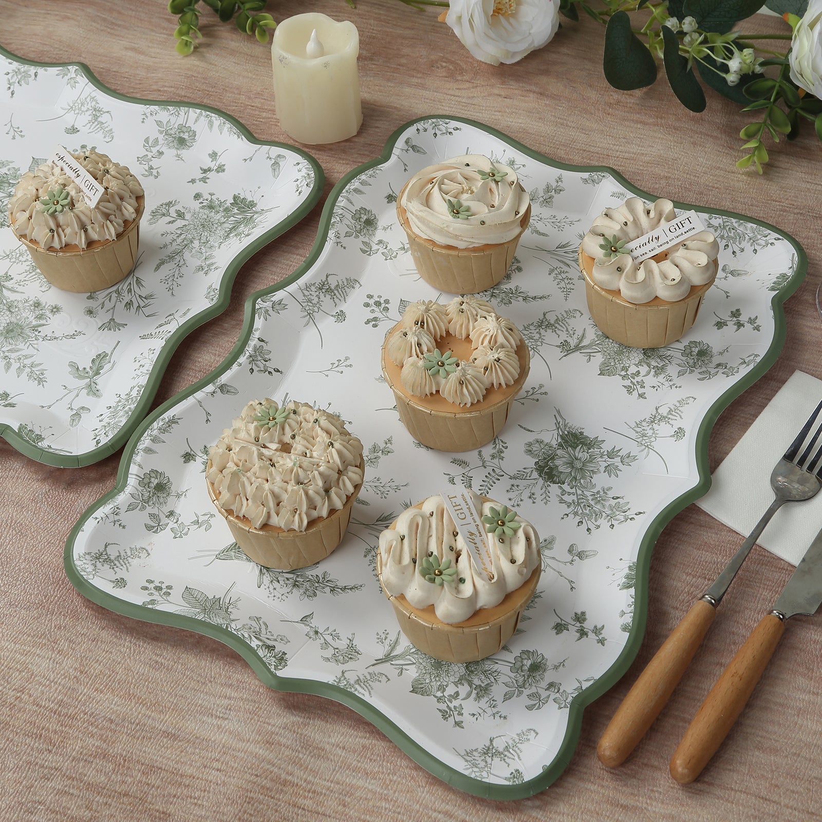 10-Pack Paper 14"x10" Rectangle Serving Trays White/Sage Green with French Toile Pattern for Weddings & Parties