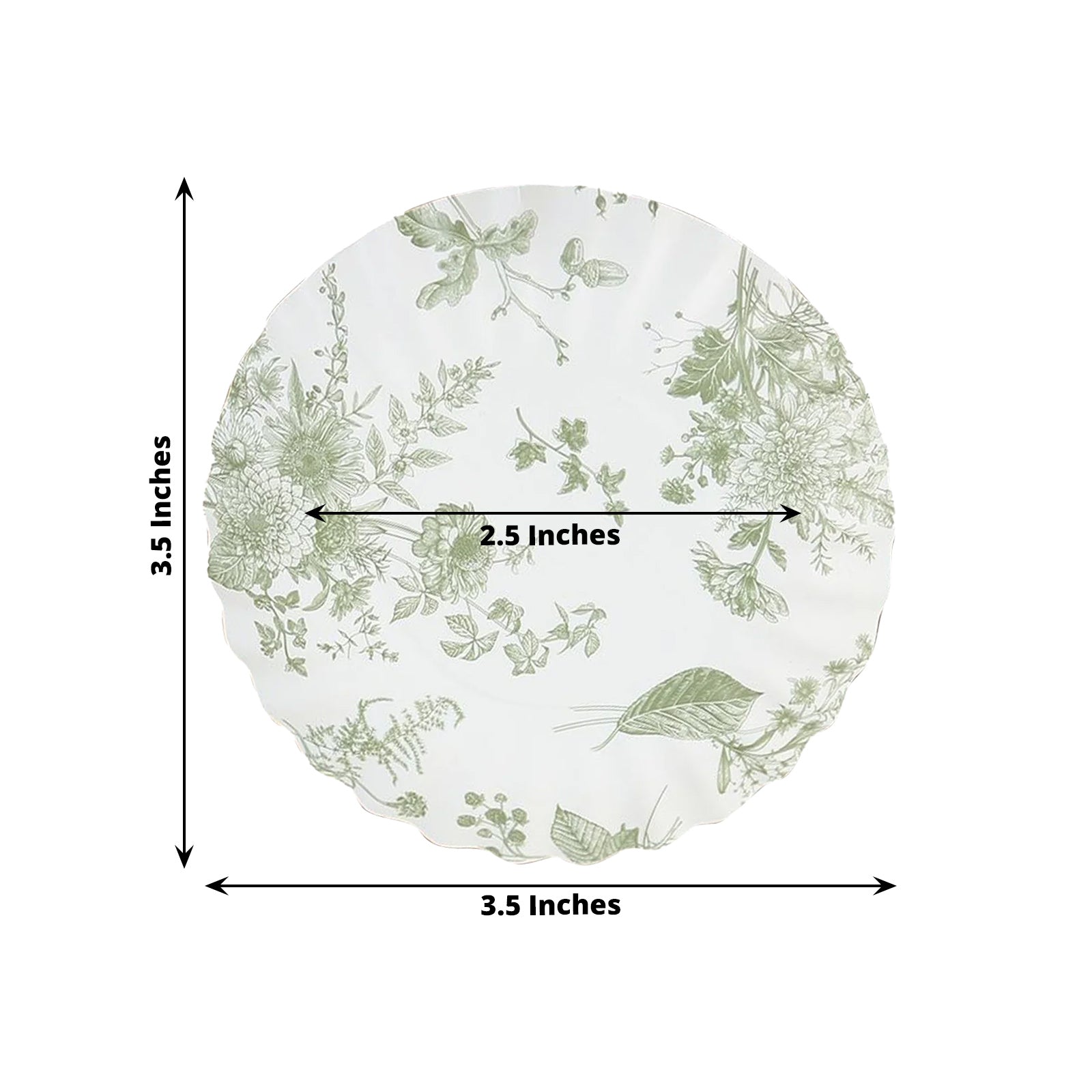 100-Pack Paper 3.5" Round Plates in White with Sage Green French Toile Design & Scalloped Rim - Disposable Mini 250GSM Dessert Party Plates for Tapas, Appetizers & Finger Foods