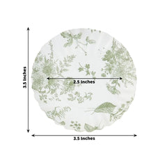 100-Pack Paper 3.5" Round Plates in White with Sage Green French Toile Design & Scalloped Rim - Disposable Mini 250GSM Dessert Party Plates for Tapas, Appetizers & Finger Foods