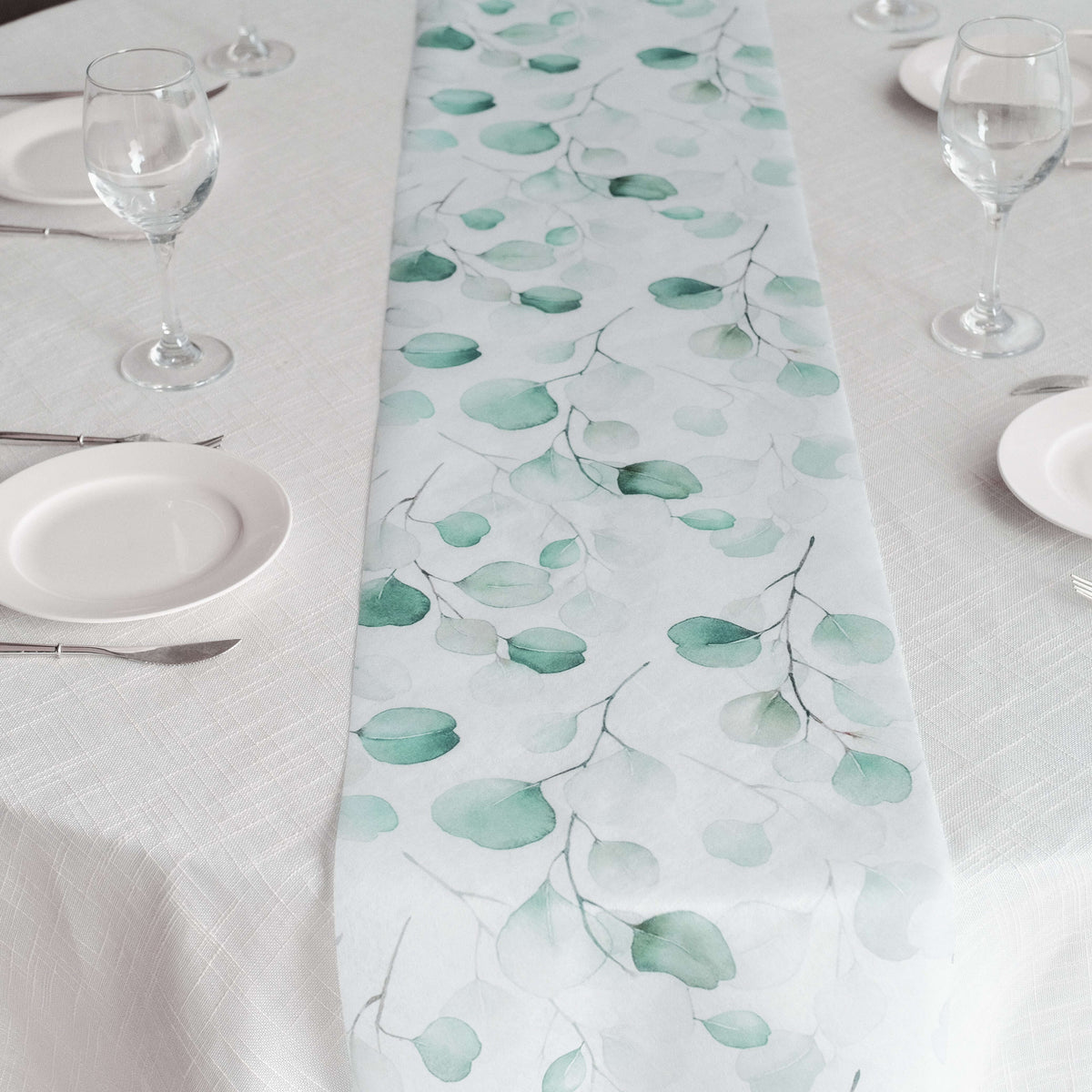 Disposable Table Runner 11"x108" White with Green Eucalyptus Leaves Print - Non-woven Stylish Spring Summer Dining Decor