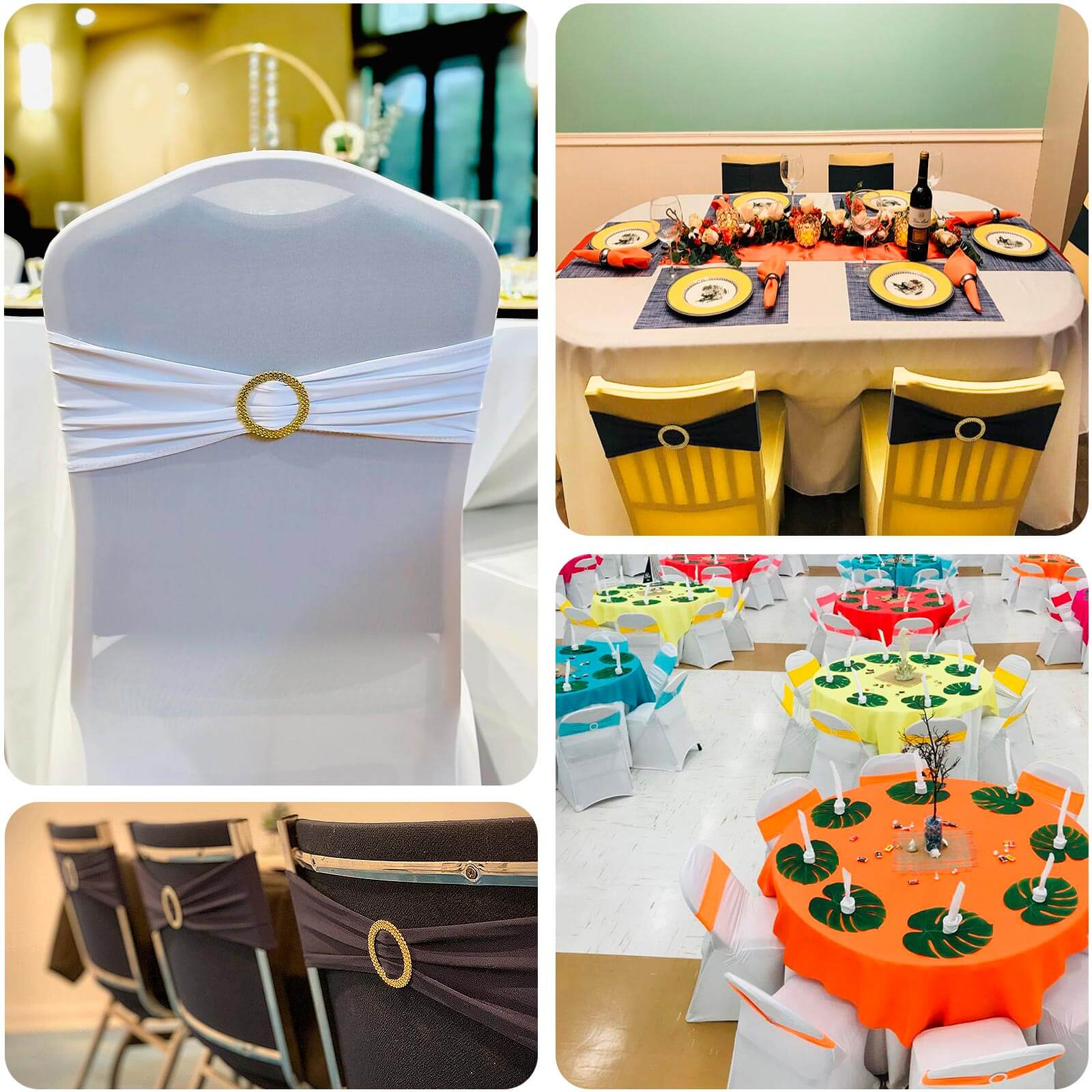 5 Pack Spandex Chair Sashes Hunter Emerald Green with Gold Rhinestone Buckles - Reusable Four-Way Stretch Sash Bands 5"x14"