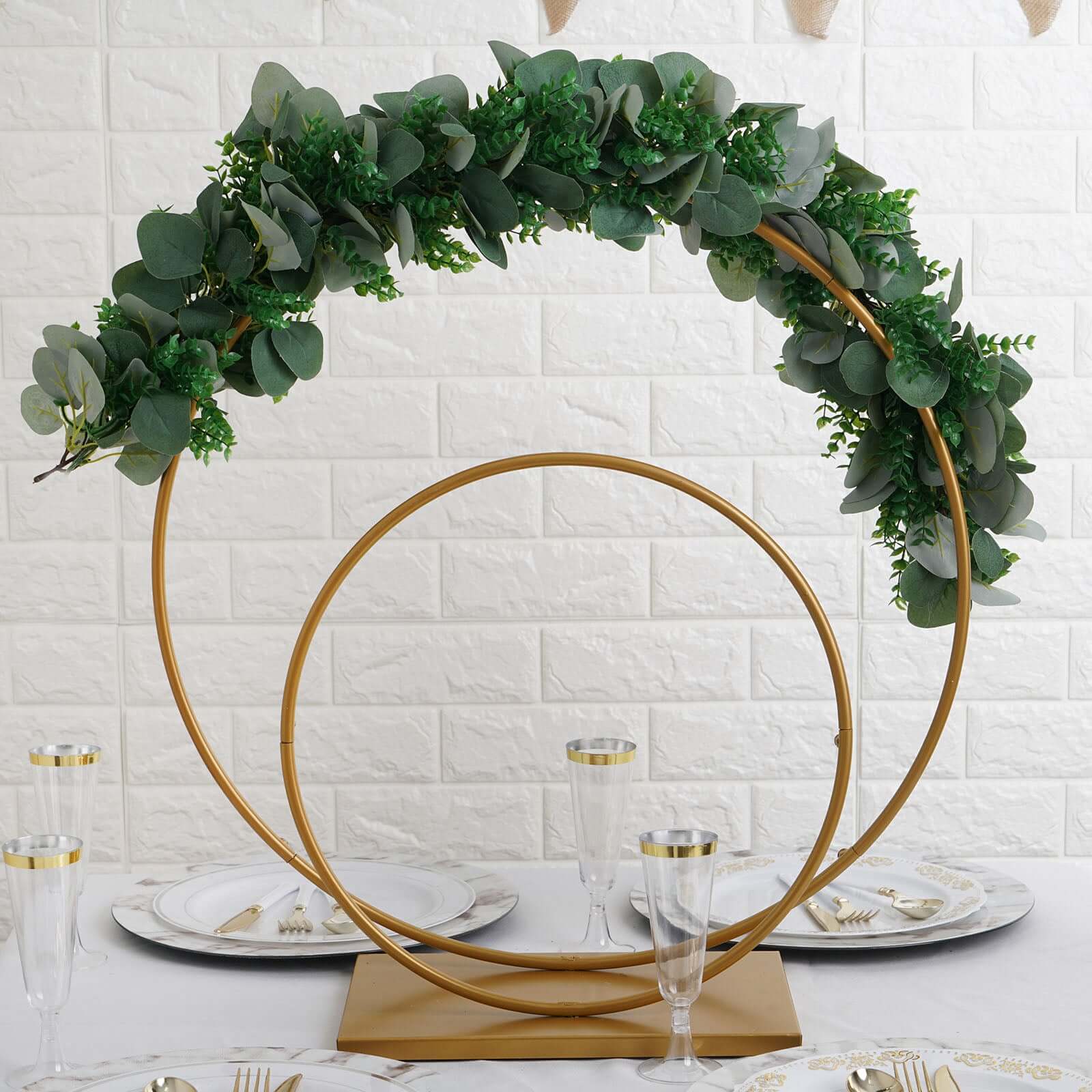 Double Hoop Flower Stand Metal Gold - Wedding Table Centerpiece for Receptions 24" & 16"