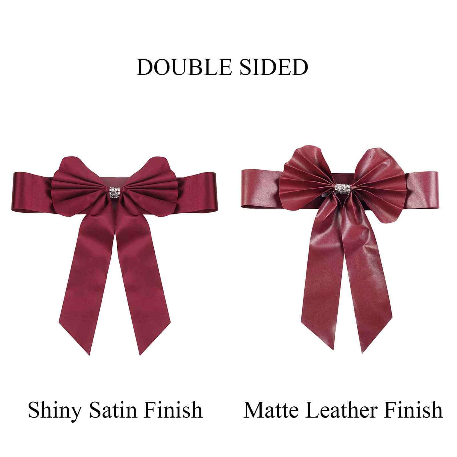 5 Pack Satin Faux Leather Chair Sashes Burgundy - Durable Double Sided Pre-tied Bow Tie Chair Bands with Diamond Rhinestone Buckles