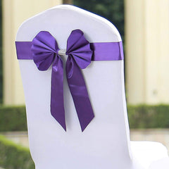 5 Pack Satin Faux Leather Chair Sashes Purple - Durable Double Sided Pre-tied Bow Tie Chair Bands with Diamond Rhinestone Buckles