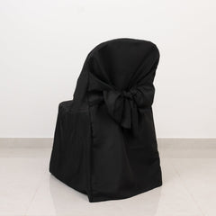 10-Pack Polyester Slip-On Folding Chair Covers with Attached Sashes – Black Durable Reusable Covers for Wedding & Event Decor