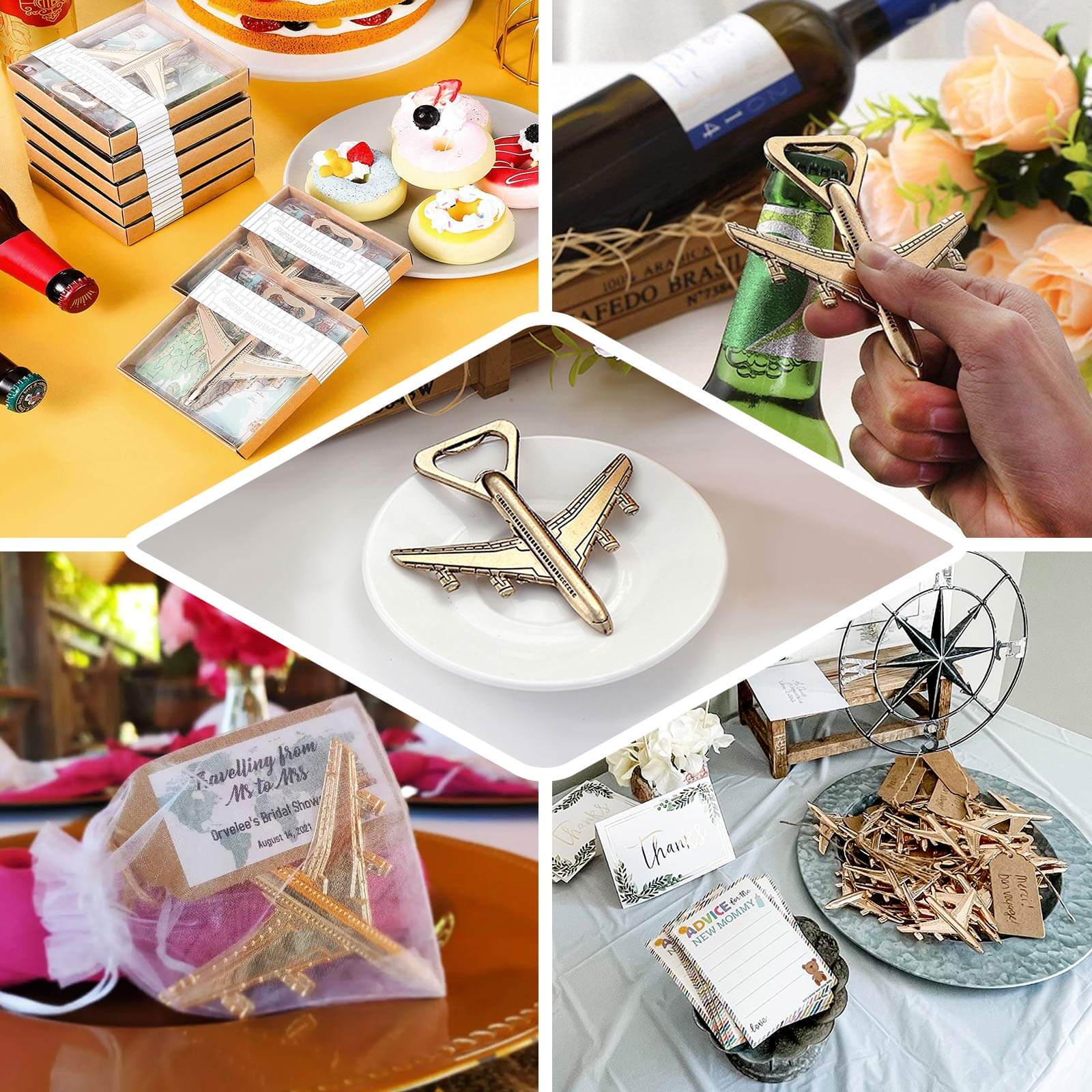 4" Antique Gold Metal Airplane Bottle Opener Vintage Party Favor Gift Box Pre-Packed