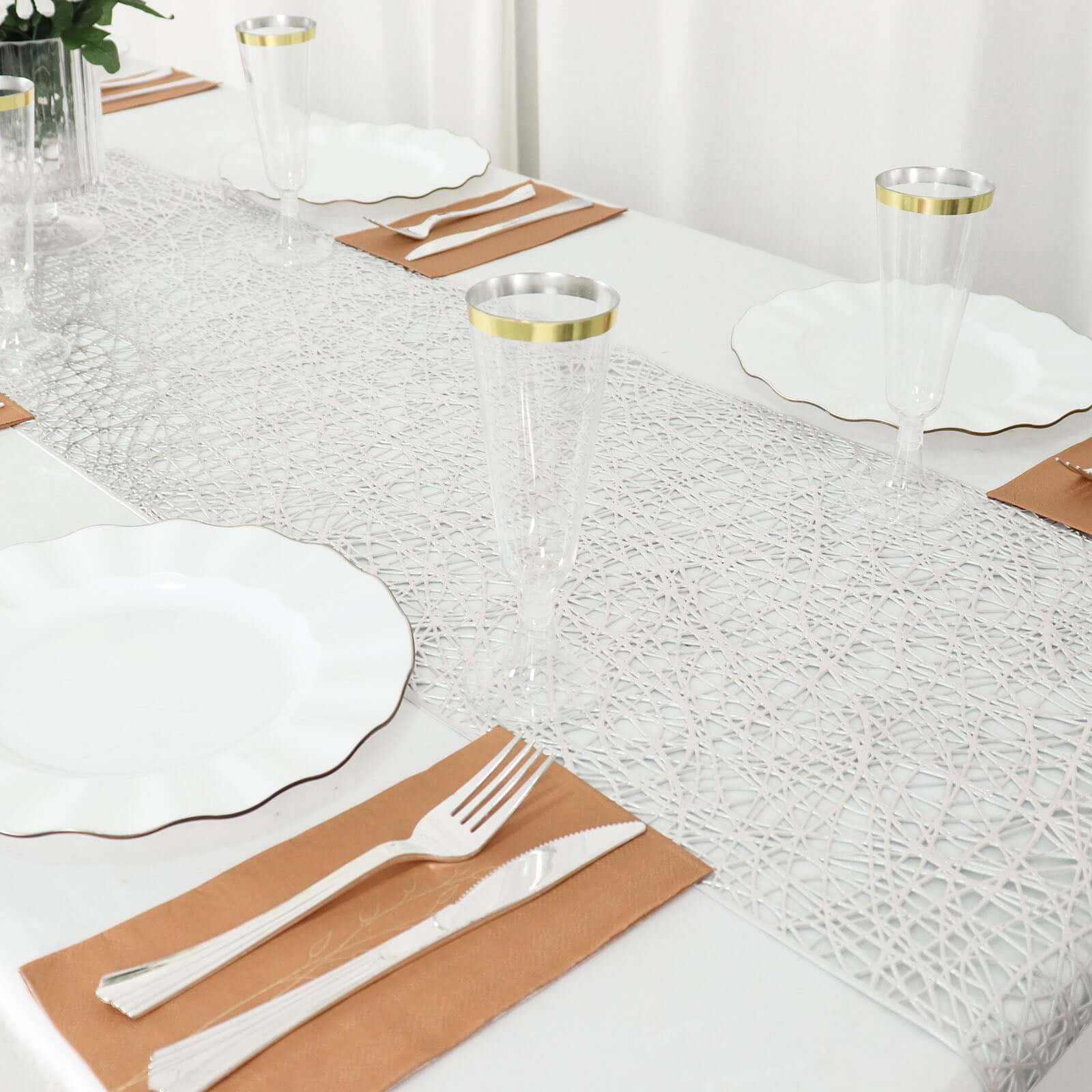 Plastic Woven Vinyl 13"x6ft Table Runner Metallic Silver - Non-Slip & Reversible Tabletop Decor