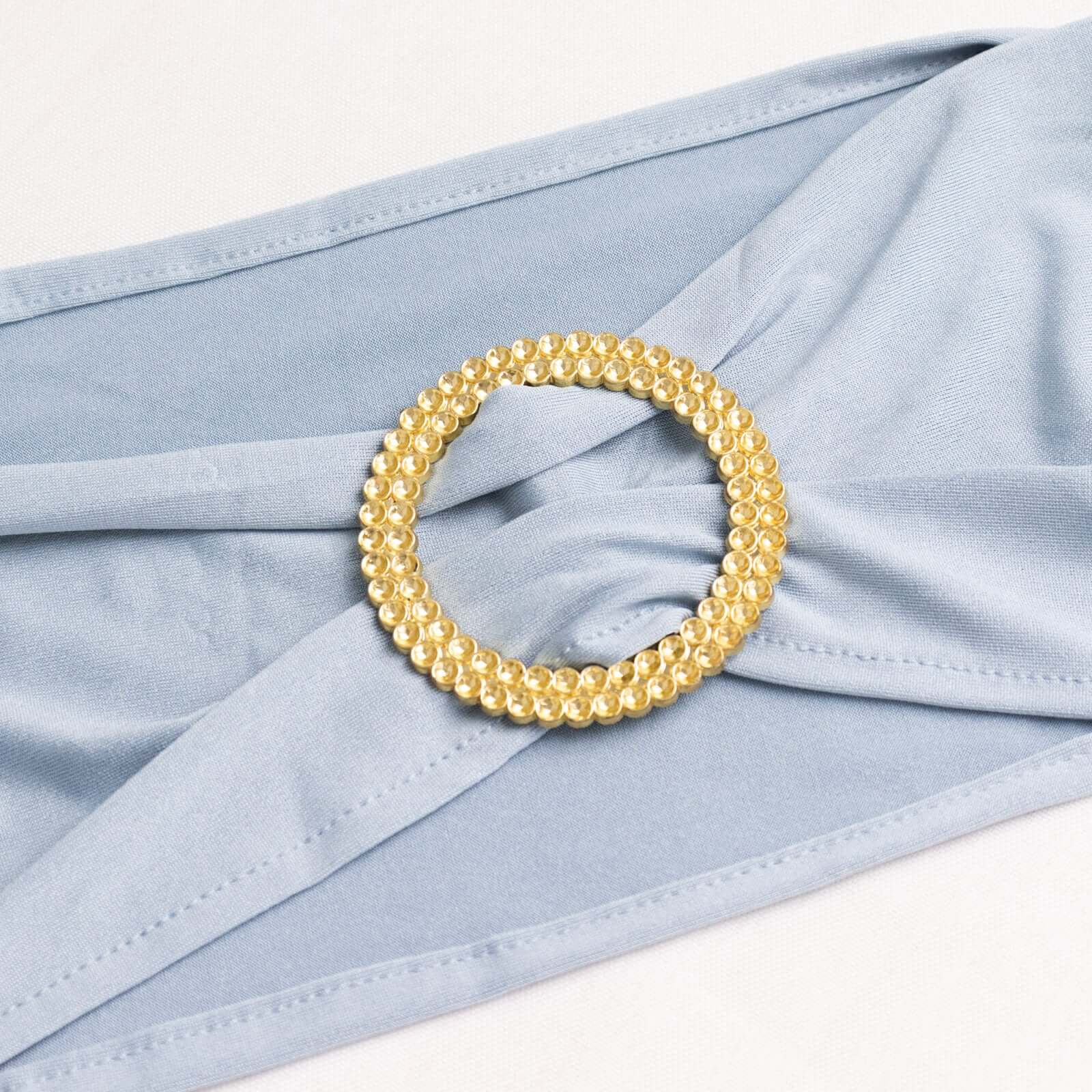 5 Pack Spandex Chair Sashes Dusty Blue with Gold Rhinestone Buckles - Reusable Four-Way Stretch Sash Bands 5"x14"