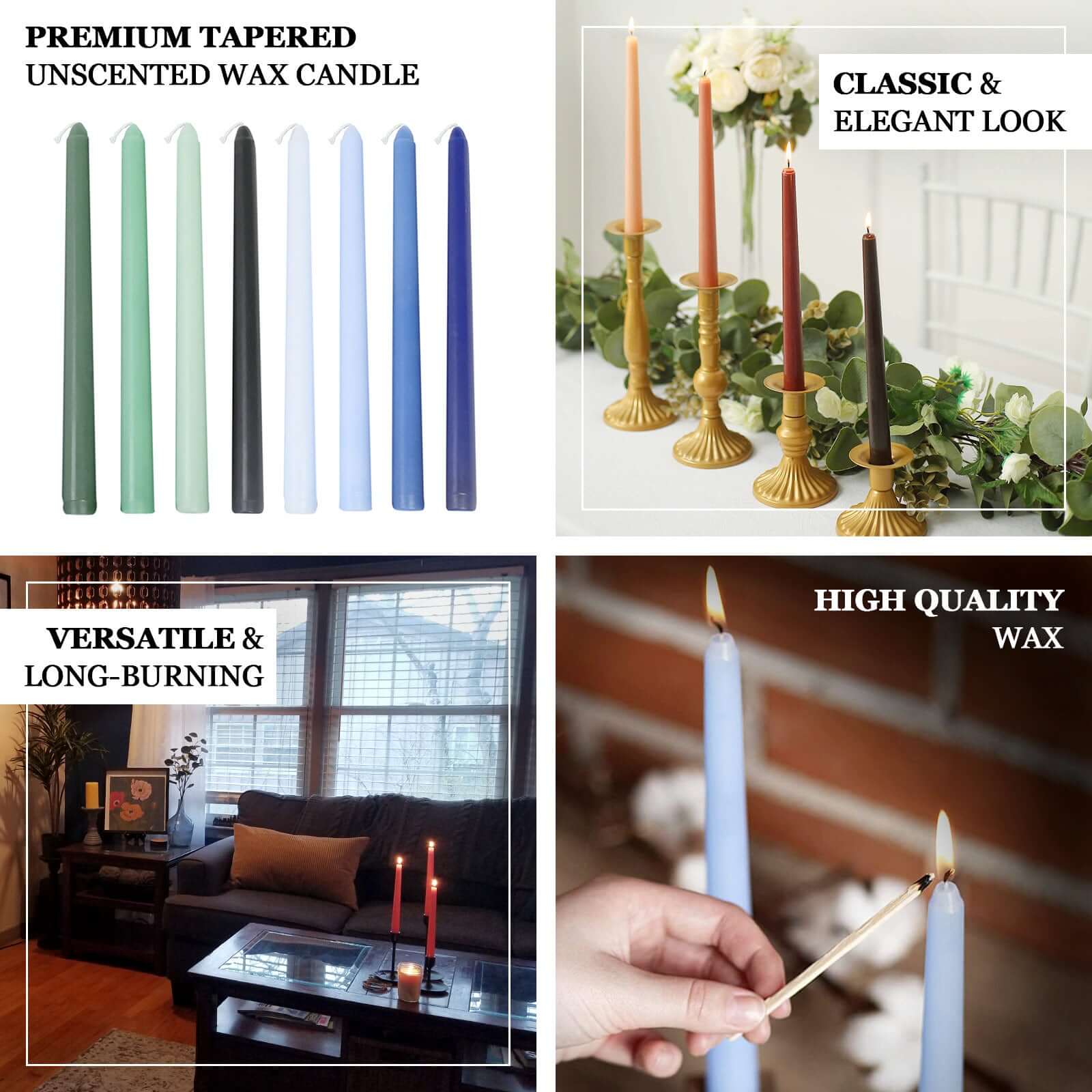 10-Pack Taper Candles Premium Wax Design Dusty Blue - Unscented Candles for Upscale Settings 10"