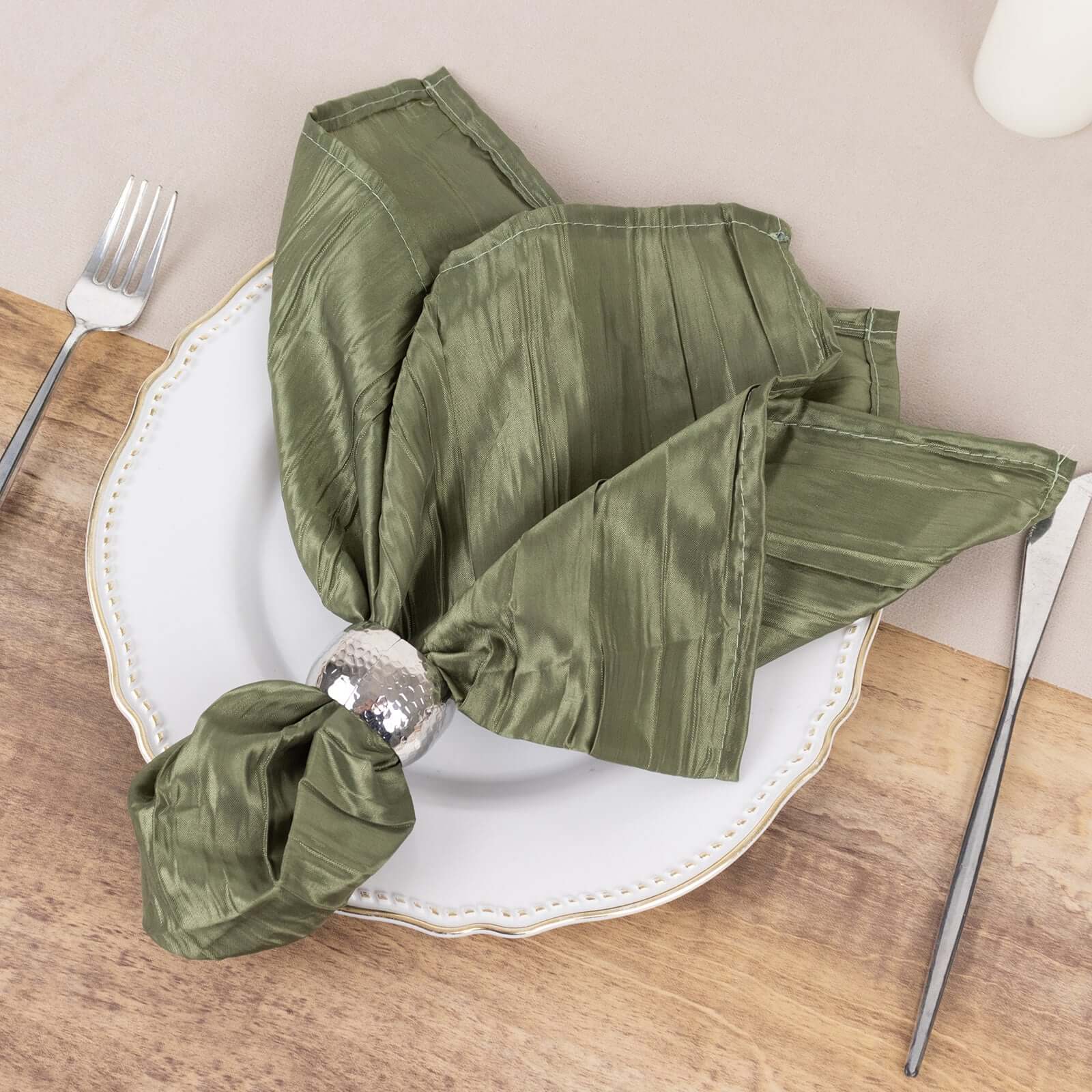 5 Pack Taffeta 20"x20" Napkins Dusty Sage Green - Accordion Crinkle Dinner Napkins