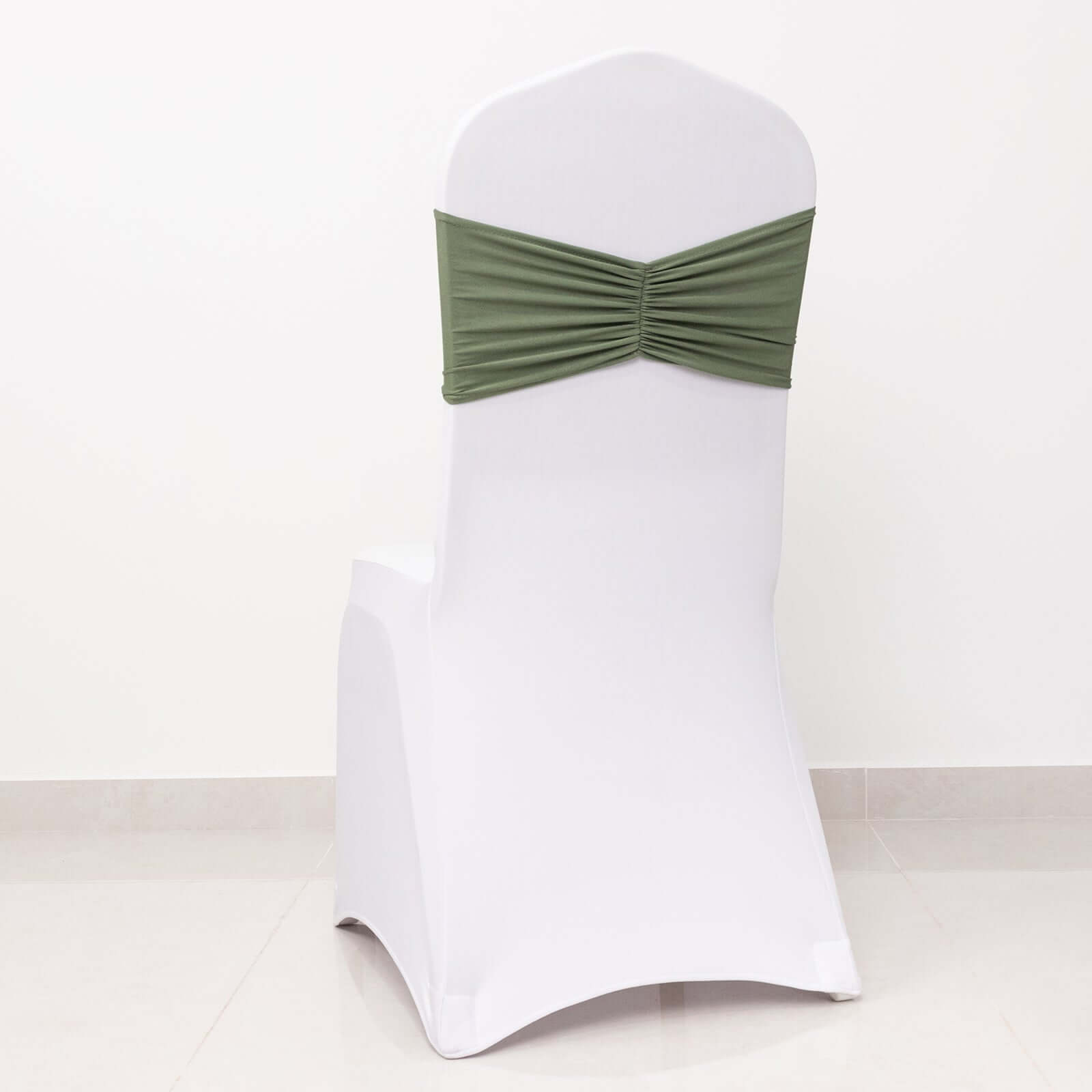 5 Pack Spandex Chair Sashes Dusty Sage Green Ruffled Style - Wide Easy to Use Stretch Chair Bands 8"x13"