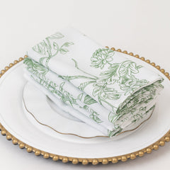 5-Pack French Toile Polyester Cloth Napkins – 17"x17" Dusty Sage Green and White Reusable Table Napkins in Floral Design for Events & Dining