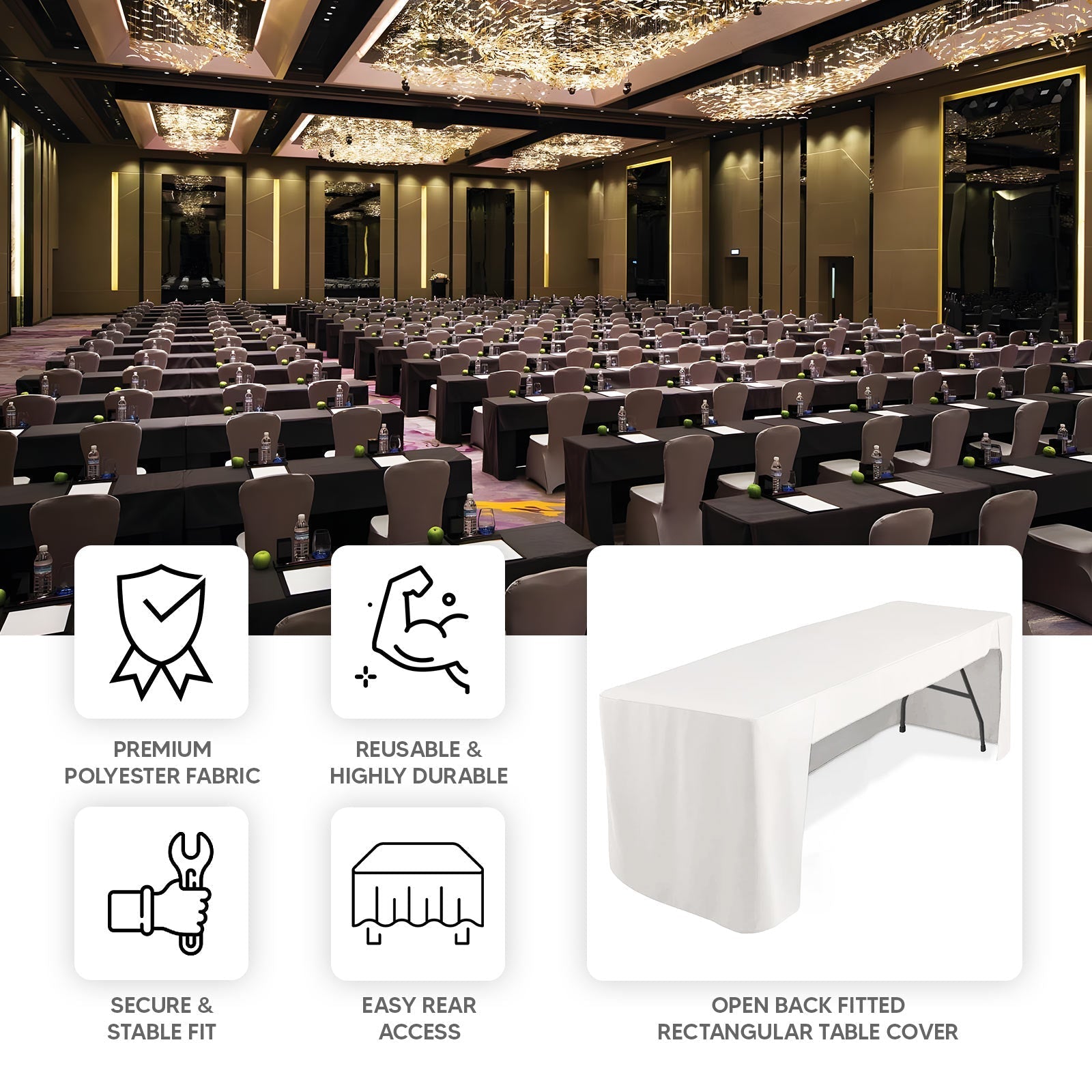 Fitted Polyester 96"x30" Rectangle Tablecloth White with Open Back Design - Easy to Maintain and Wrinkle-Resistant Table Cover for Trade Shows & Displays
