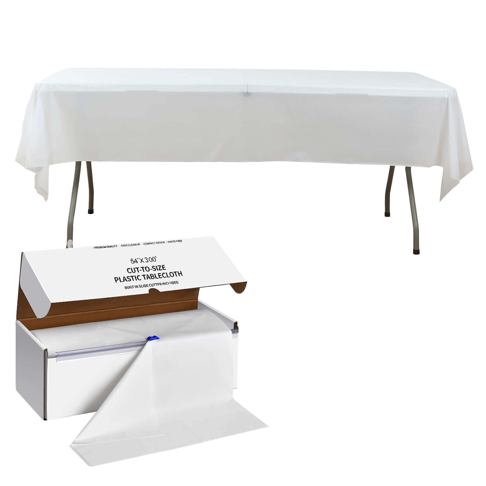 Plastic Table Cover Roll White with Slide Cutter - Customizable Disposable Tablecloth Roll 54"x300ft
