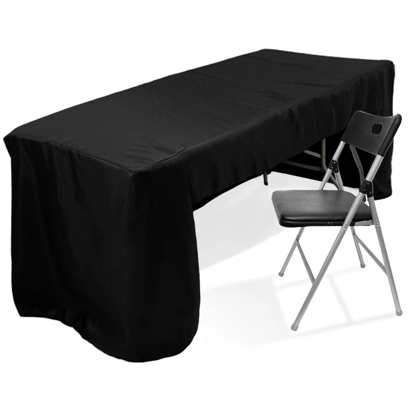 Fitted Polyester 96"x30" Rectangle Tablecloth Black with Open Back Design - Easy to Maintain and Wrinkle-Resistant Table Cover for Trade Shows & Displays