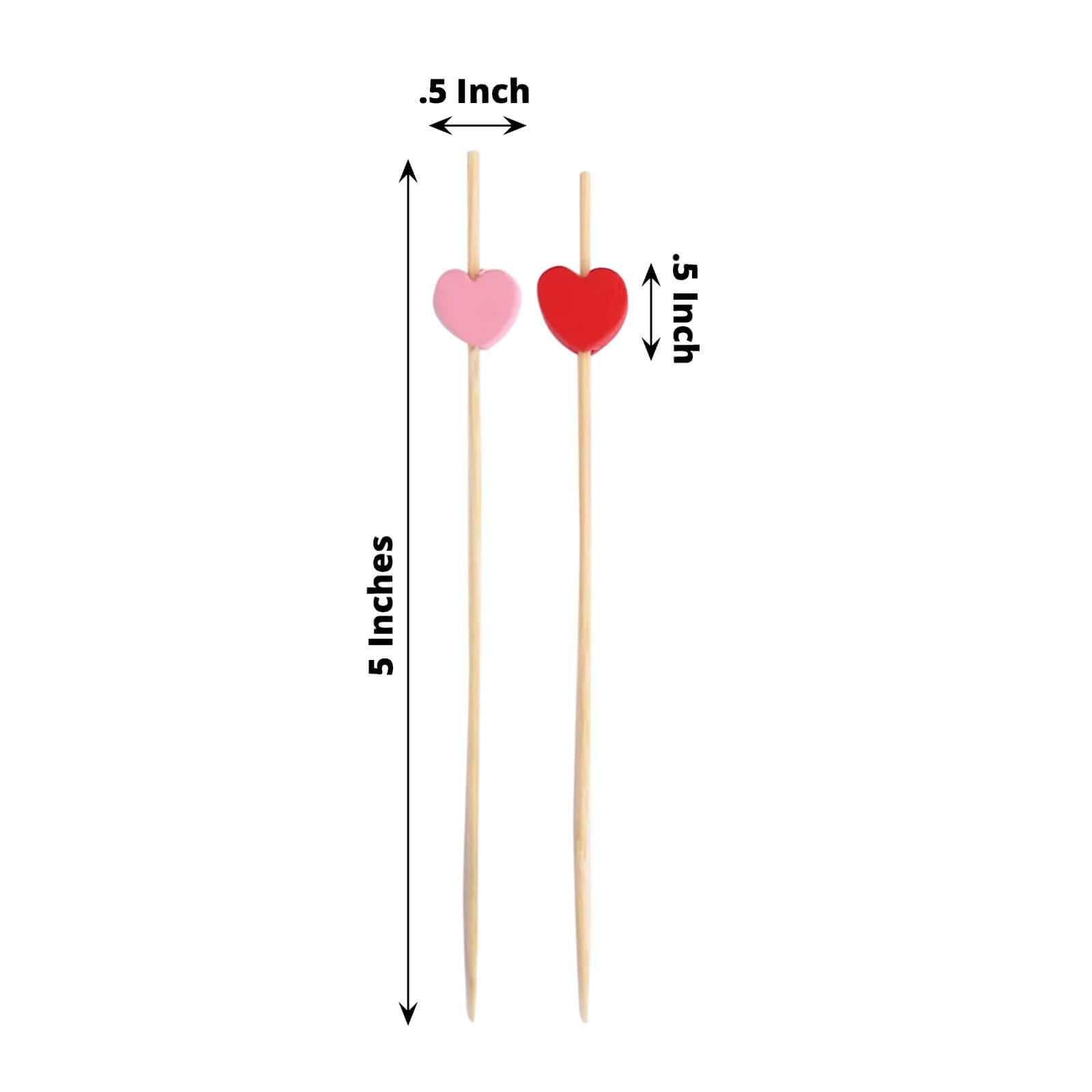 100-Pack Bamboo Cocktail Sticks Heart Design Eco Friendly Red/Pink - Biodegradable Fruit Appetizer Party Picks 5"