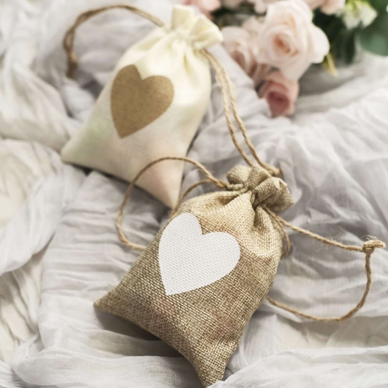 20 Pack 4"x5" Natural Ivory Heart Design Jute Burlap Gift Bags With Drawstring, Rustic Wedding Party Favor Bags