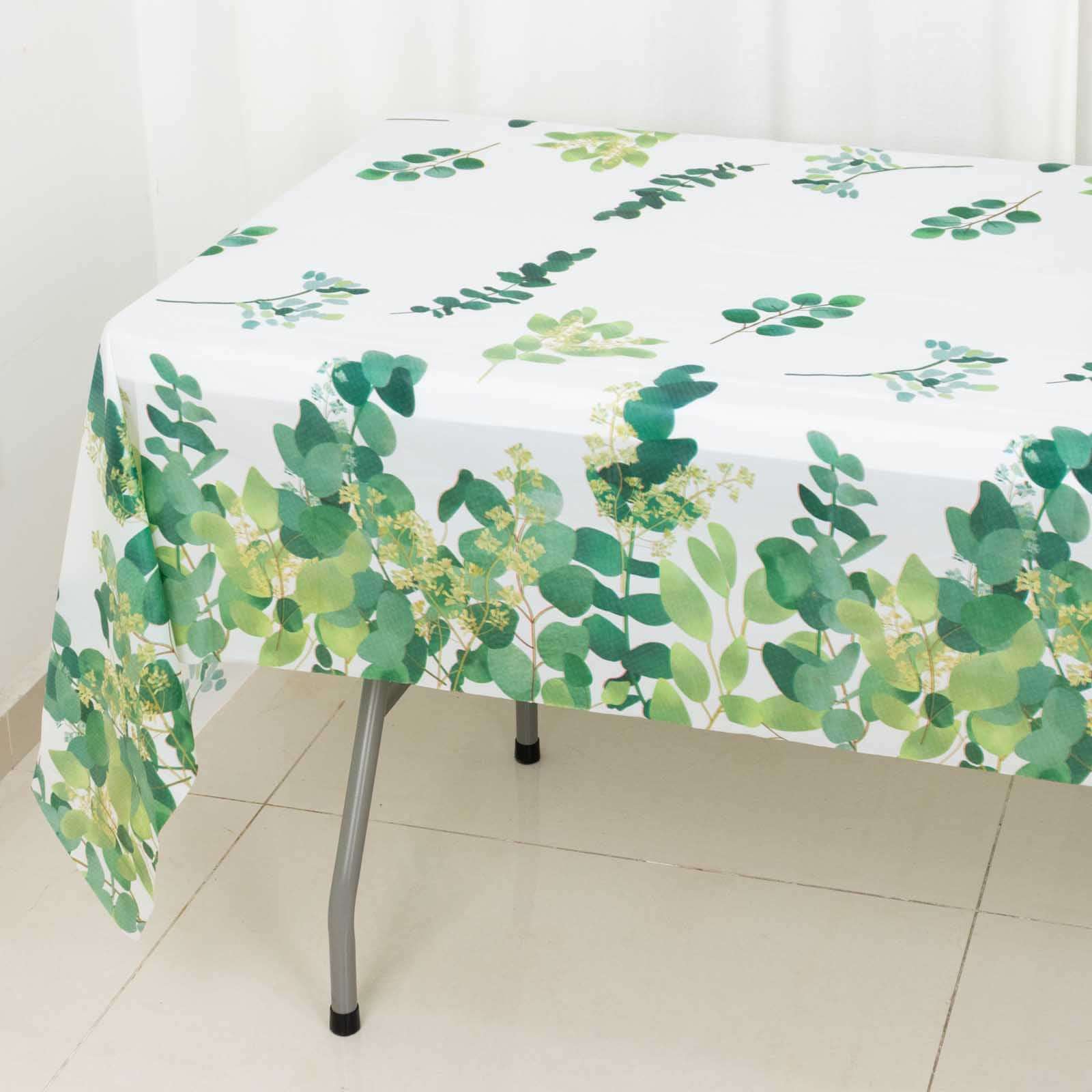 5-Pack Plastic Table Covers White/Green Rectangle with Eucalyptus Leaves Print - Decorative PVC Disposable Tablecloths 54"x108"