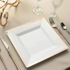 10-Pack Plastic Dinner Plates White Square with Rose Gold Trim - Lightweight Disposable Plates for Events 10"
