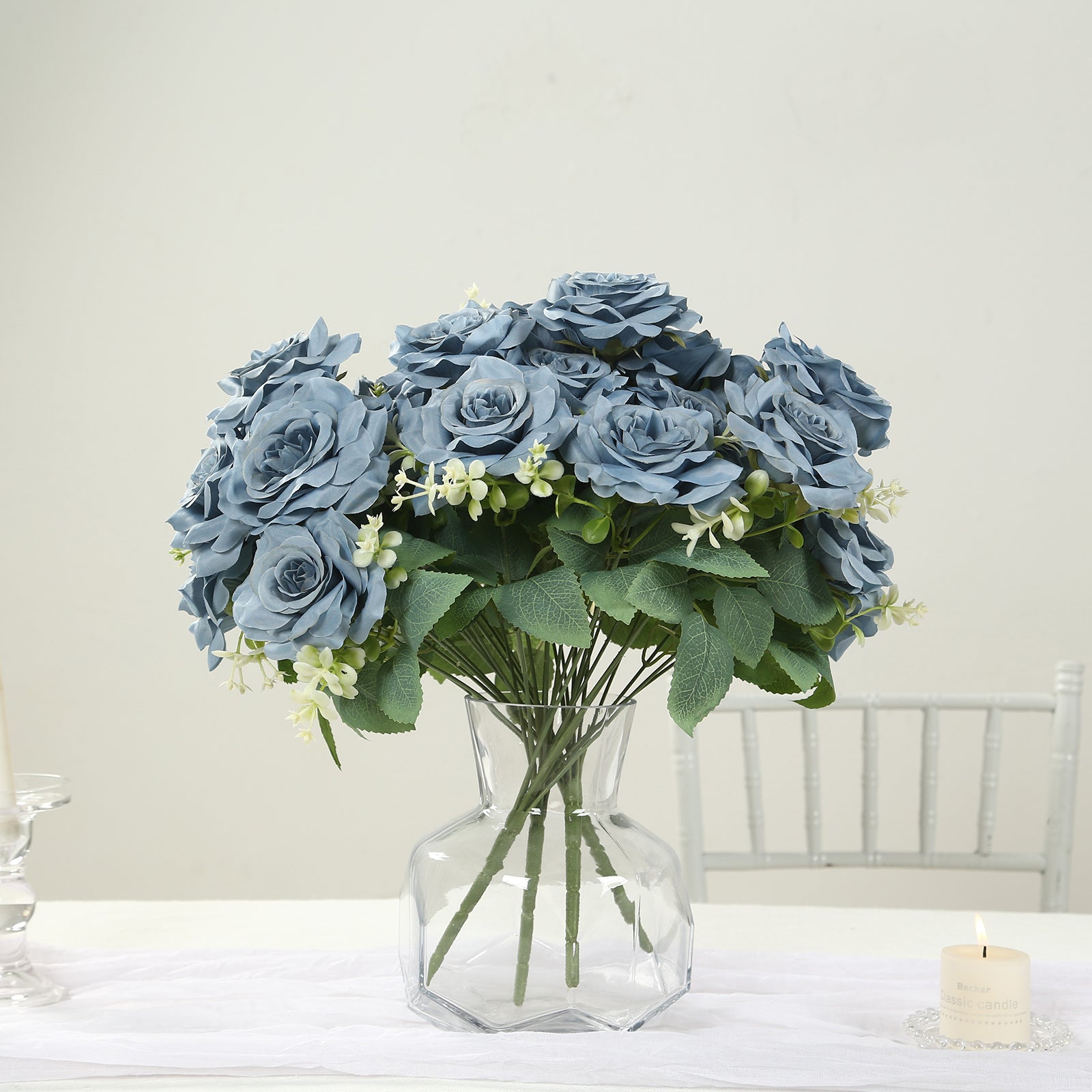 2 Bushes 18" Real Touch Artificial Rose Flower Bouquet,  Dusty Blue Silk Long Stem Flower Arrangements