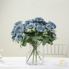 2 Bushes 18" Real Touch Artificial Rose Flower Bouquet,  Dusty Blue Silk Long Stem Flower Arrangements
