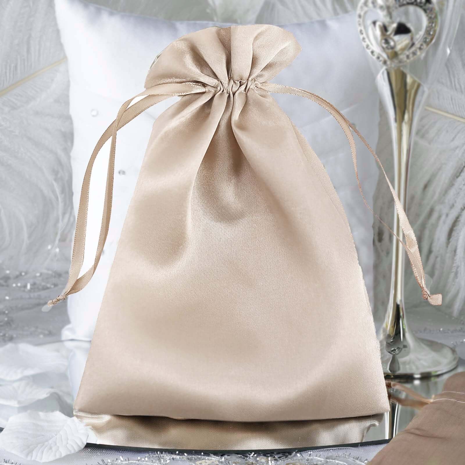 12 Pack 5"x7" Beige Satin Drawstring Wedding Party Favor Gift Bags