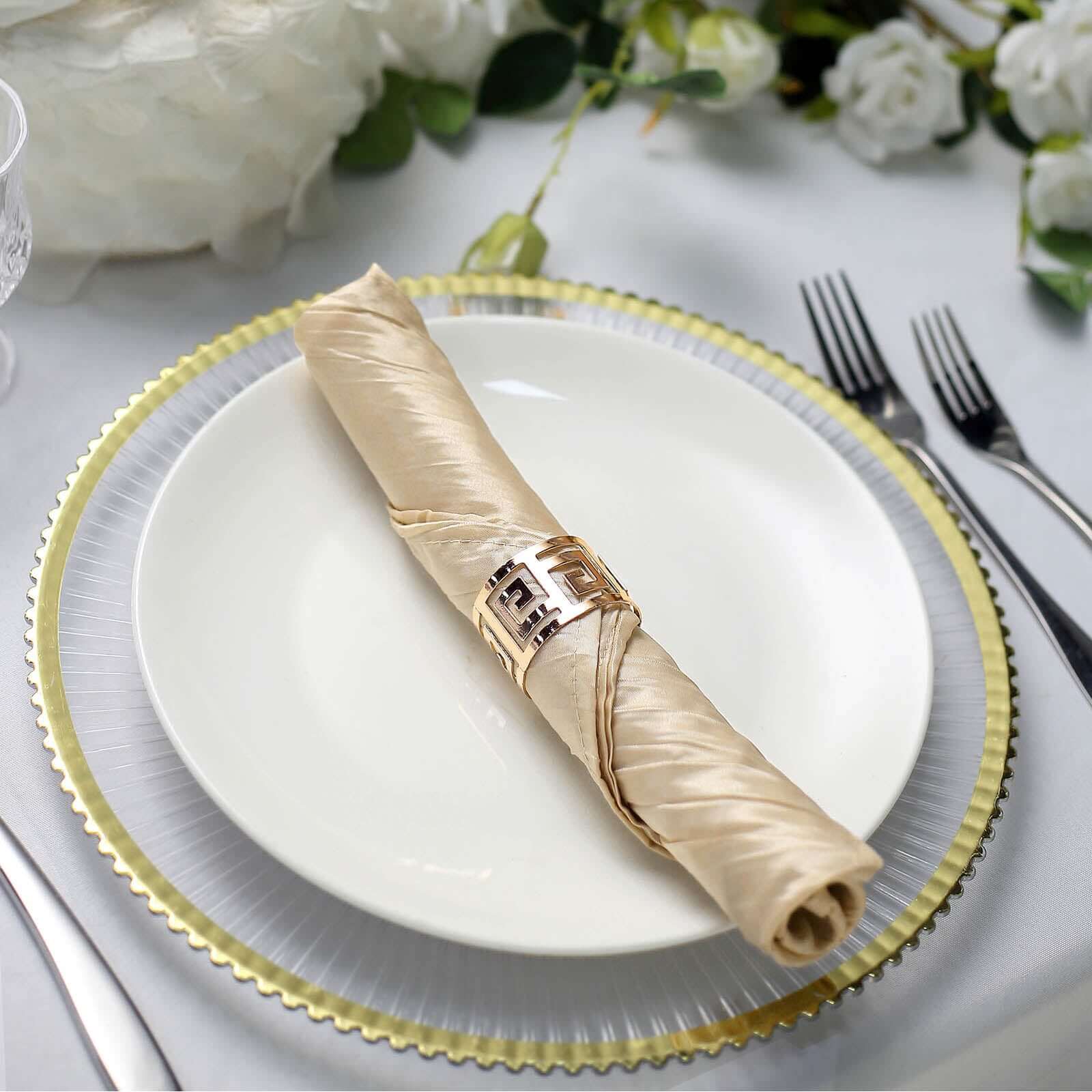 5 Pack Taffeta 20"x20" Napkins Beige - Accordion Crinkle Dinner Napkins