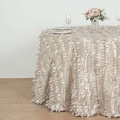 Taffeta 120" Round Tablecloth Beige | 3D Leaf Petal Design Seamless Table Cover for Chic Wedding & Event Decor