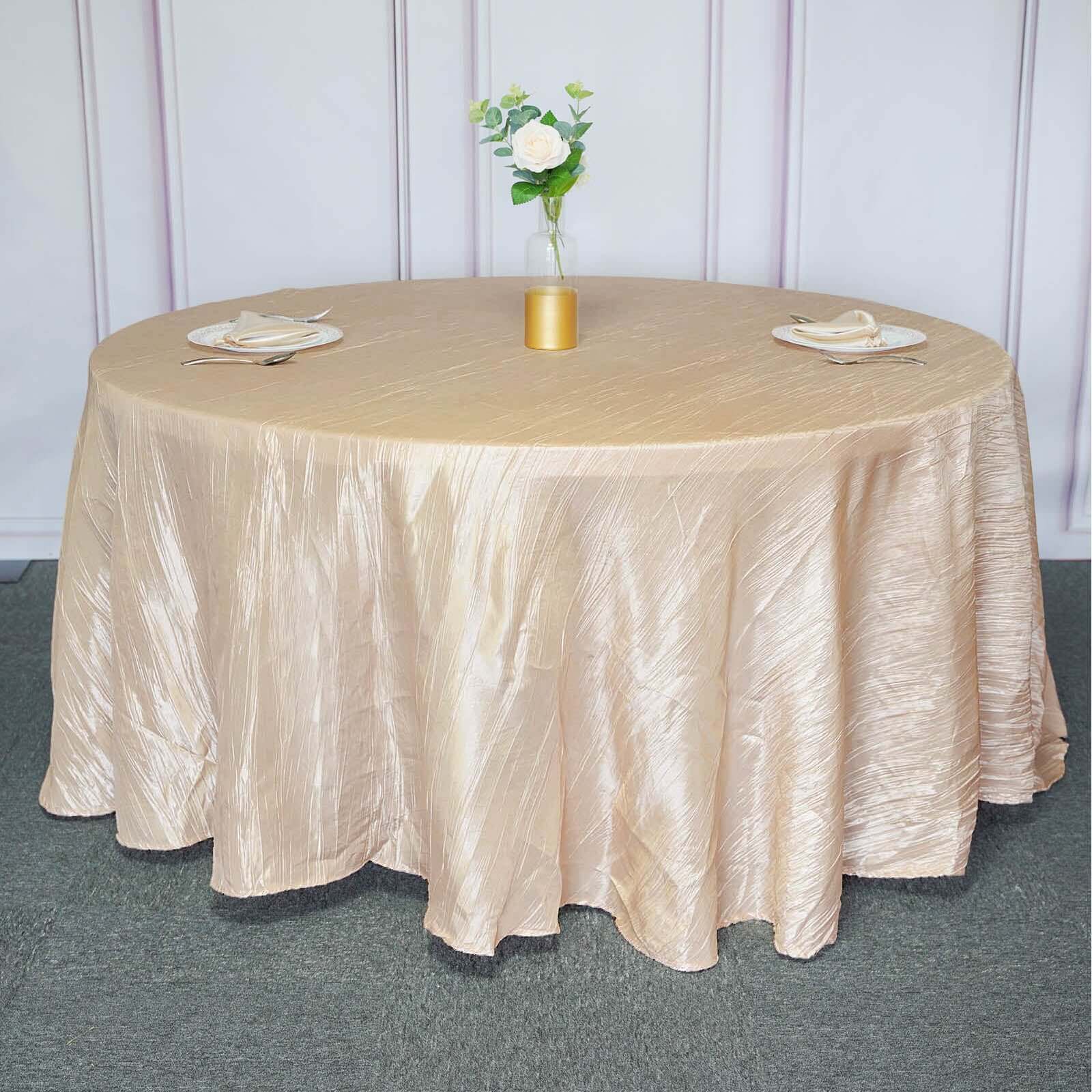 Taffeta 120" Round Tablecloth Beige - Seamless Accordion Crinkle Table Cover
