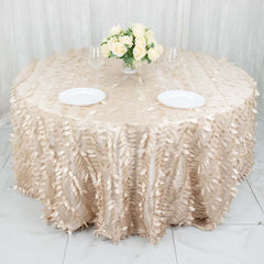 Taffeta 132" Round Tablecloth Beige | 3D Leaf Petal Design Seamless Table Cover