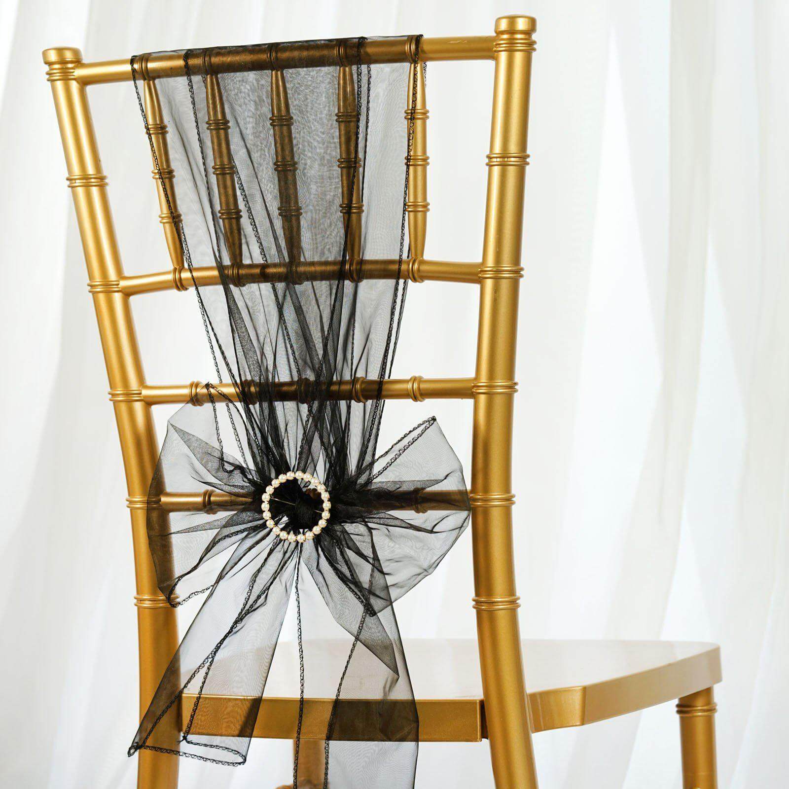 5 Pack Organza Chair Sashes Black - Timeless Reusable Sheer Chair Bows for Chic Events 6"x108"
