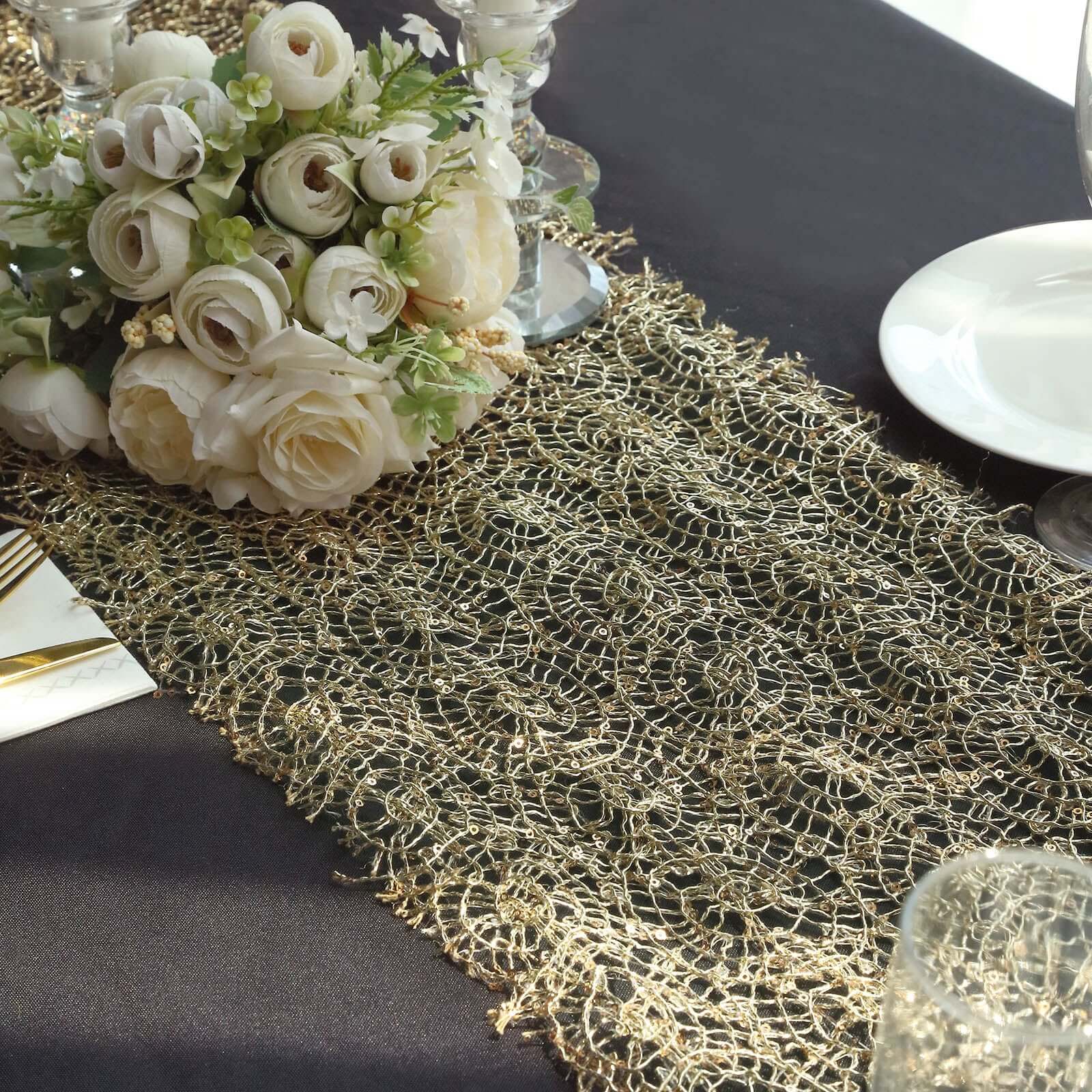 Mesh 12"x108" Table Runner Gold - Sequin Schiffli Lace Design for Stylish Celebrations