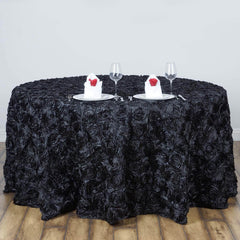Satin 120" Round Tablecloth Black - Grandiose 3D Rosette with Seamless Finish Table Cover