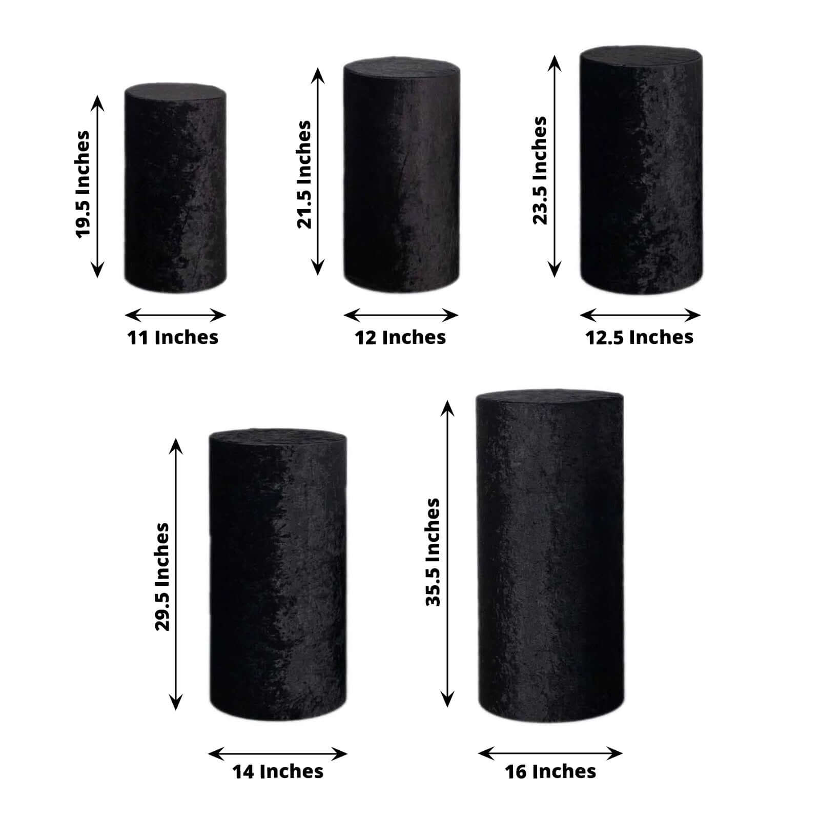 Set of 5 Black Crushed Velvet Cylinder Pedestal Stand Covers, Premium Pillar Prop Covers