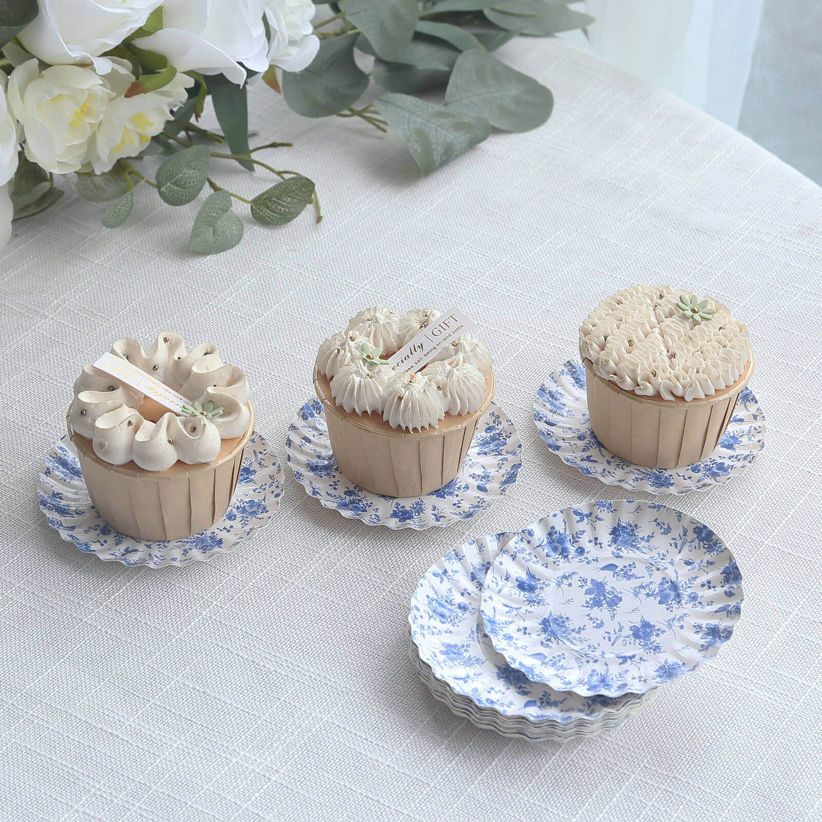 100-Pack Paper 3.5" Round Plates in White with Blue French Toile Design & Scalloped Rim - Disposable Mini 250GSM Dessert Party Plates for Tapas, Appetizers & Finger Foods