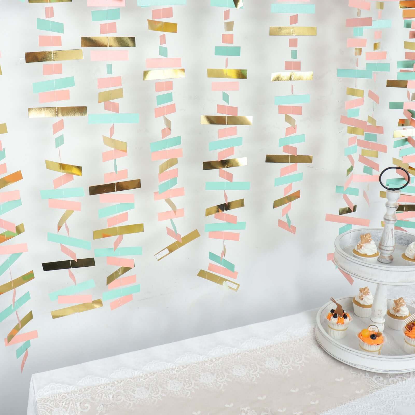 Gold, Blush and Turquoise Confetti-Like Paper Party Garland Streamer, Hanging Backdrop Decoration - 6.5ft