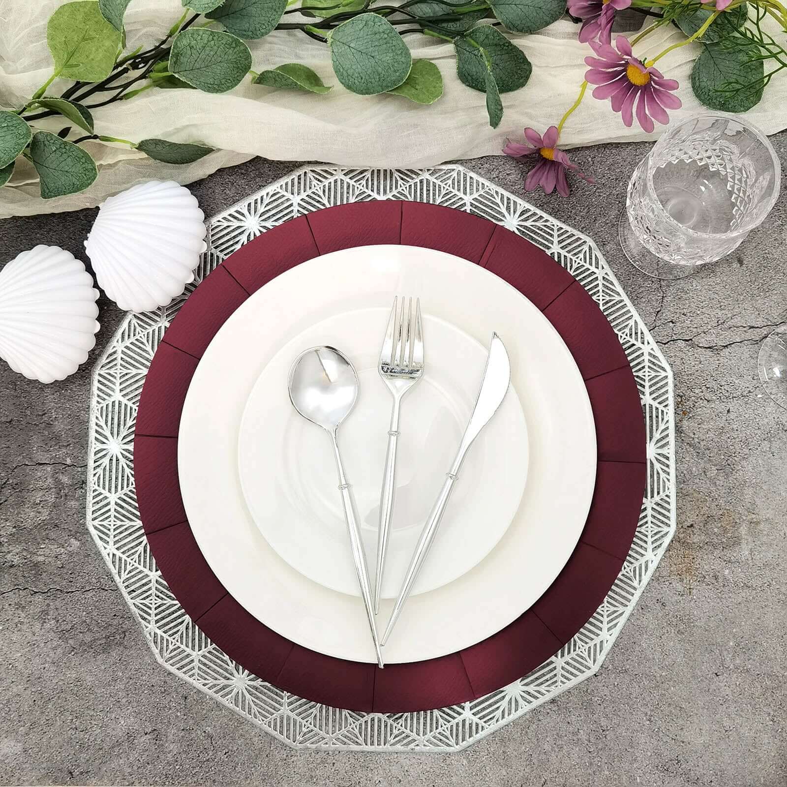 10-Pack Disposable Round Charger Plates in Burgundy with Leathery Texture - Durable 1100GSM Cardboard Placemats 13"